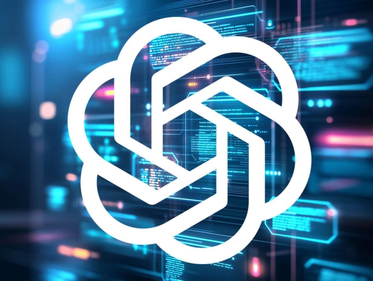 Vitt OpenAI-logotyp över en mörk, abstrakt digital bakgrund med blå och lila ljuseffekter.