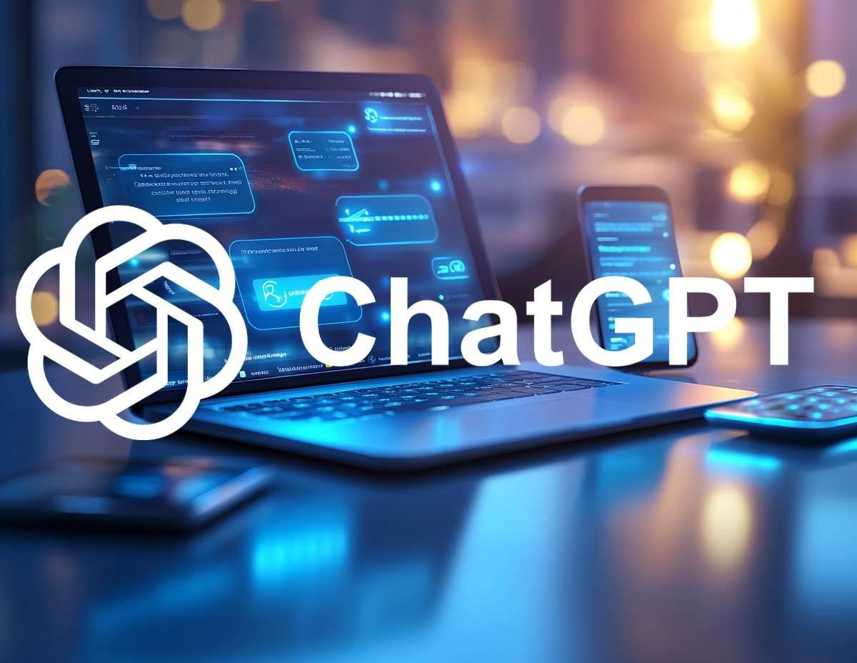 ChatGPT-logotypen med en bärbar dator och mobiltelefon i bakgrunden, som illustrerar tillgänglighet på olika enheter.