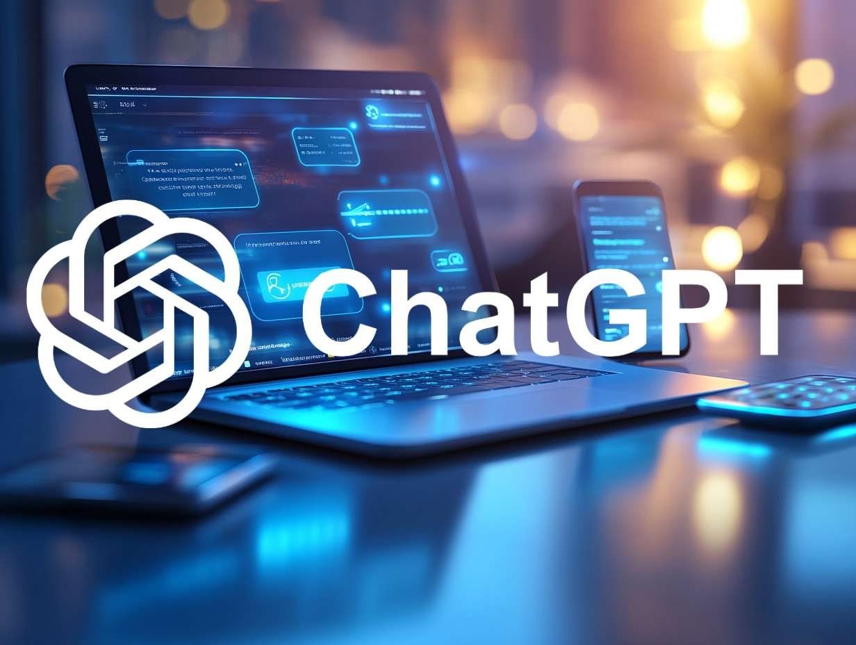 ChatGPT-logotypen med en bärbar dator och mobiltelefon i bakgrunden, som illustrerar tillgänglighet på olika enheter.