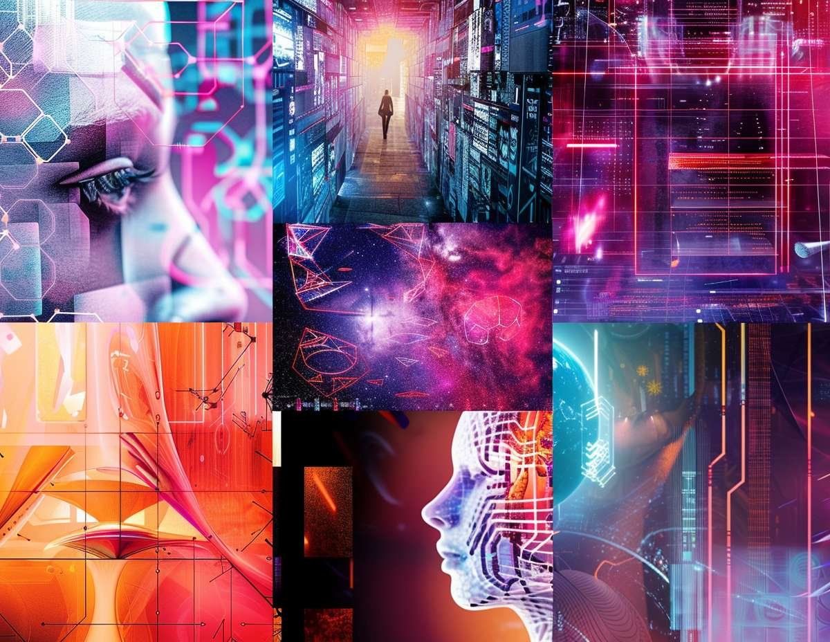 En kollage av AI-inspirerade bilder som visar digitala nätverk, futuristiska gränssnitt och abstrakta mönster för att illustrera AI-verktygens mångfald.