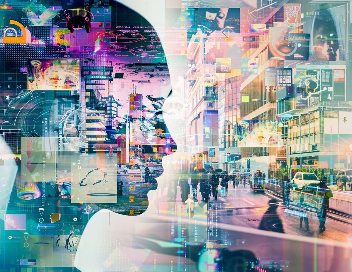 Dubbelexponerad bild av ett mänskligt huvud över en futuristisk stad med digitala överlägg, illustrerande AI:s påverkan på arbetslivet.