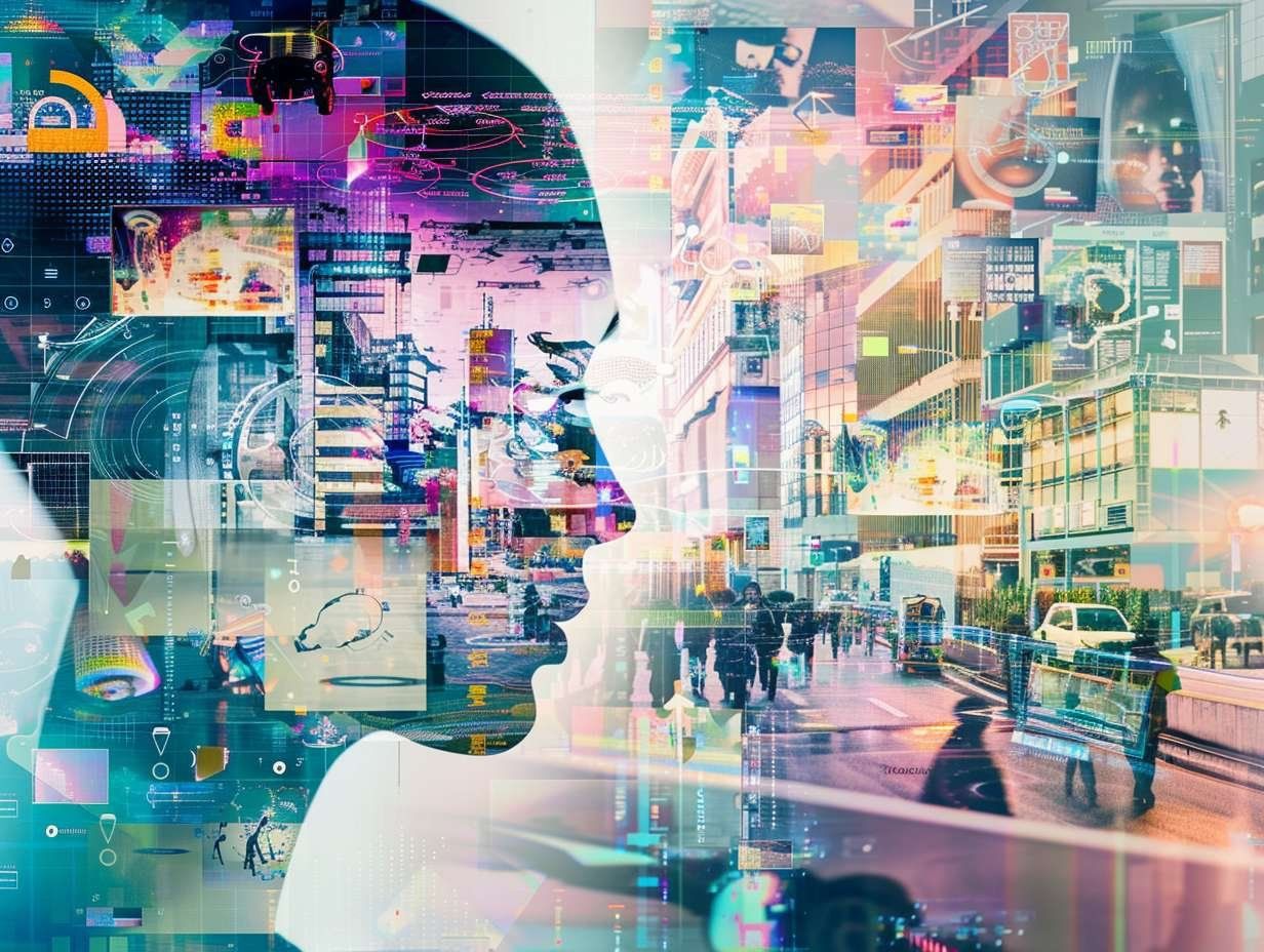 Dubbelexponerad bild av ett mänskligt huvud över en futuristisk stad med digitala överlägg, illustrerande AI:s påverkan på arbetslivet.