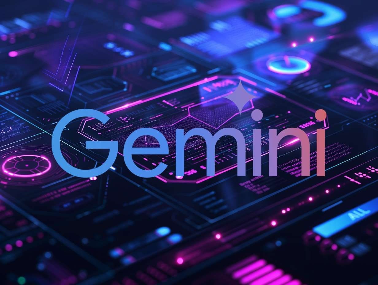 Google Gemini-logotypen i blått och lila, placerad ovanpå ett abstrakt neonblått och lila mönster som liknar ett kretskort.