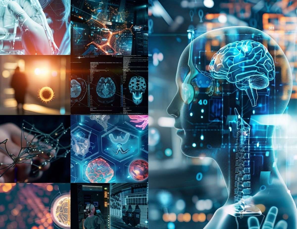 En kollage med bilder relaterade till AI, som en huvudprofil med en hjärna och olika tekniska samt medicinska visualiseringar.
