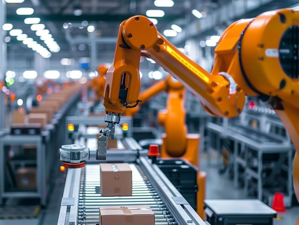 En orange industrirobotarm ovanför en kartong på ett löpande band i en fabrik.