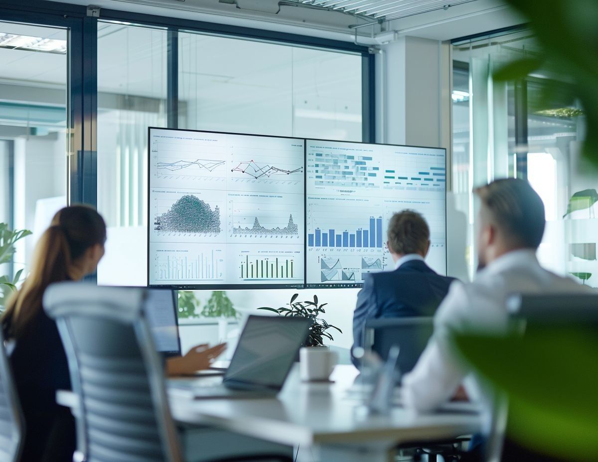 Personer i ett mötesrum ser på stora skärmar med komplexa diagram och grafer, vilket illustrerar dataanalys i affärsverksamhet.