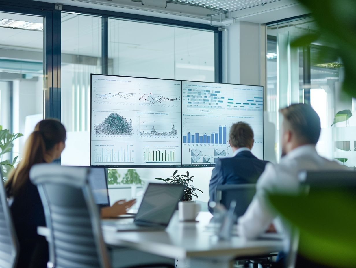Personer i ett mötesrum ser på stora skärmar med komplexa diagram och grafer, vilket illustrerar dataanalys i affärsverksamhet.