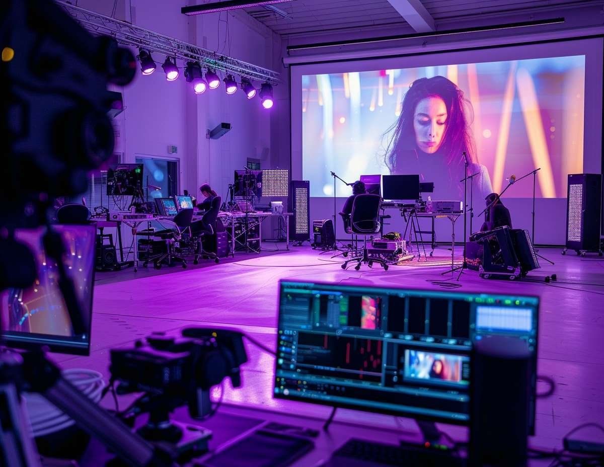 Studio med lila belysning där personal sitter vid datorer, med en scen och en stor projektorduk som visar en kvinna.