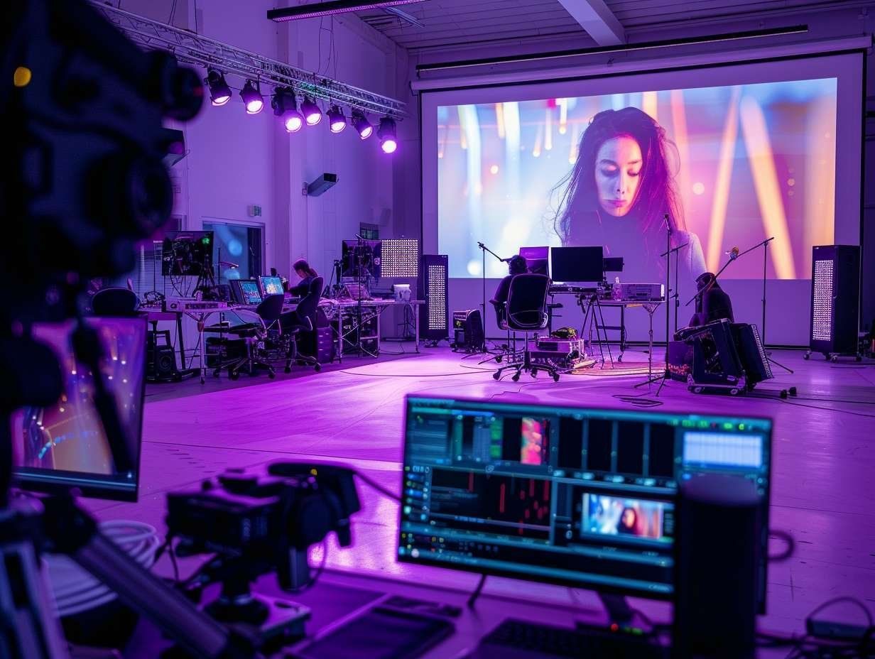 Studio med lila belysning där personal sitter vid datorer, med en scen och en stor projektorduk som visar en kvinna.