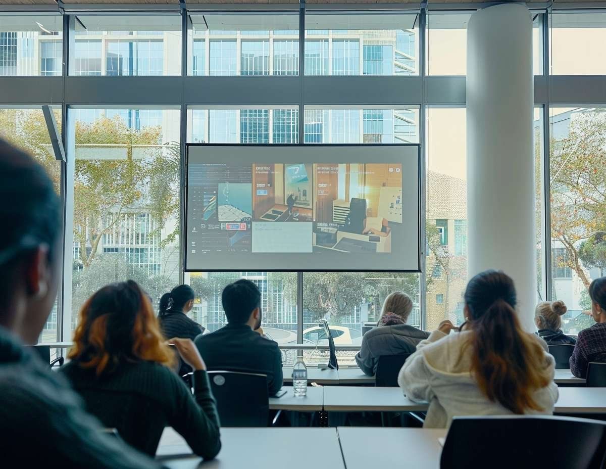 En grupp människor sitter framför en projektorduk med AI-relaterade bilder, vilket illustrerar AI-utbildning för arbetssökande.