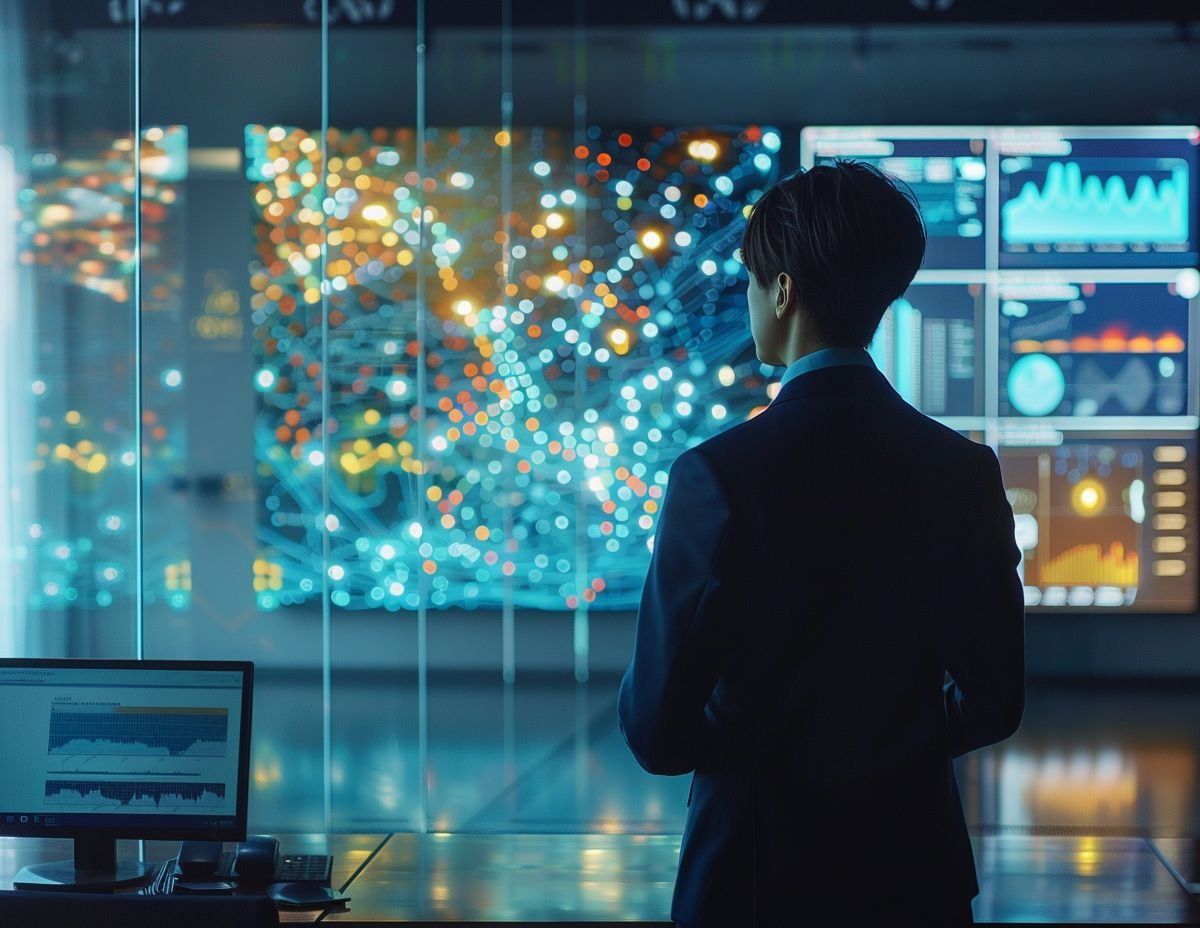 En person i kostym ser på skärmar med visualiseringar av data och grafer, som illustrerar AI-strategier.