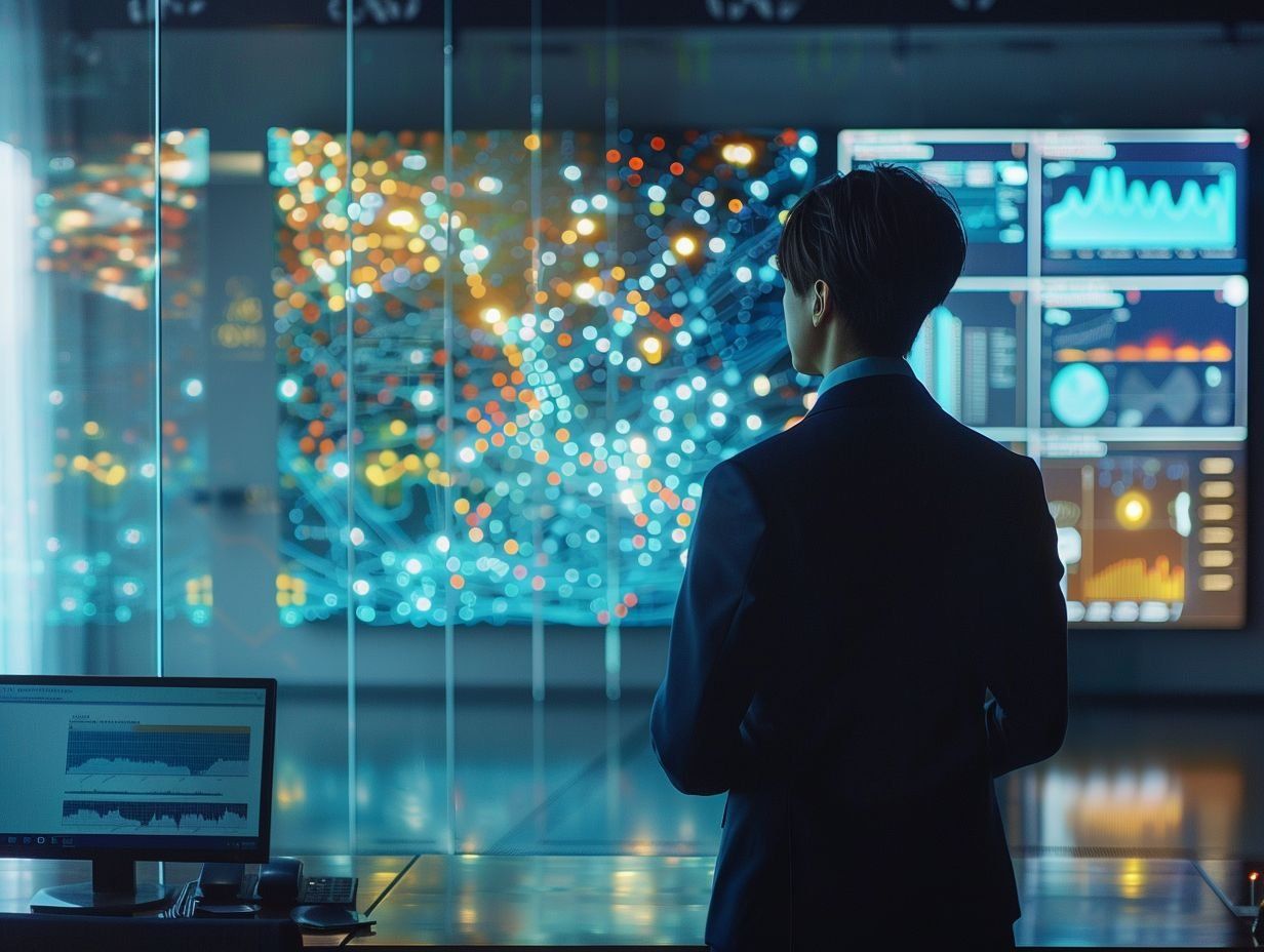En person i kostym ser på skärmar med visualiseringar av data och grafer, som illustrerar arbete med AI.