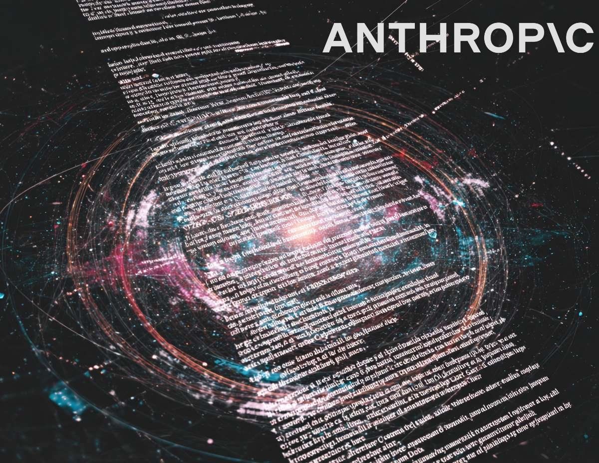 En abstrakt bild med text och tekniska mönster som representerar dataflöde och Anthropic\C:s arbete med Constitutional AI för etiska principer.