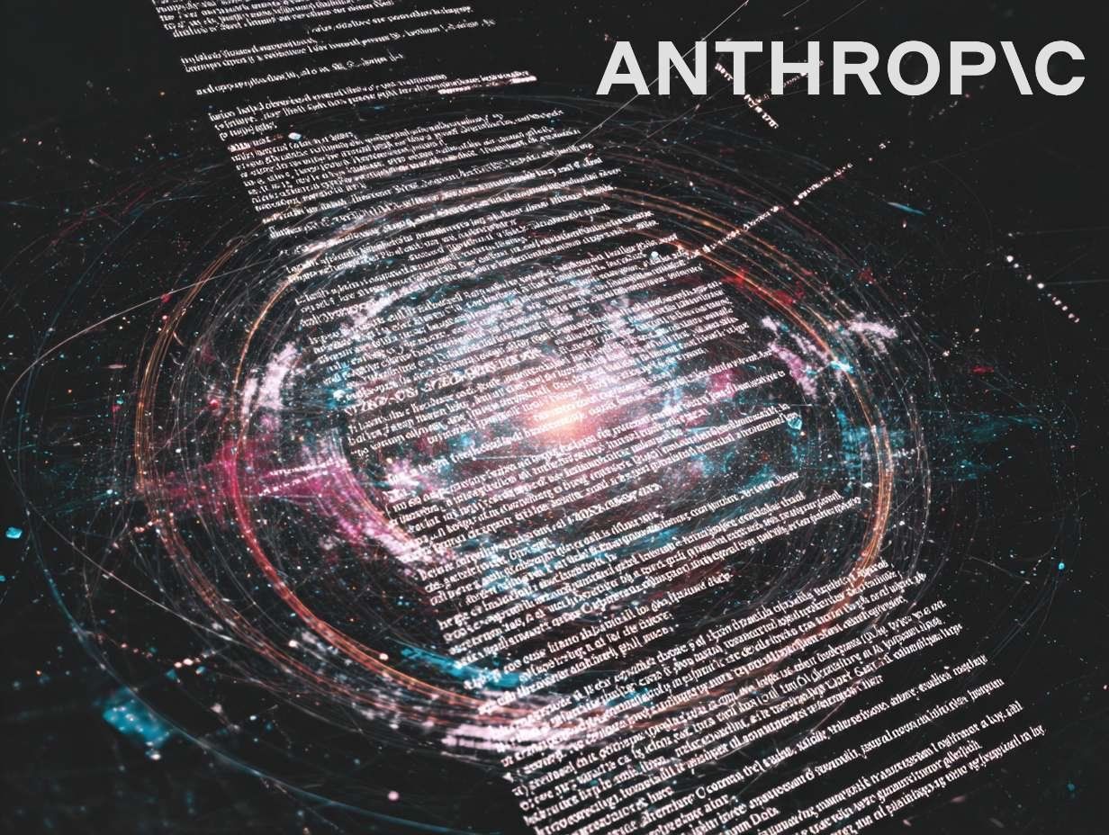 En abstrakt bild med text och tekniska mönster som representerar dataflöde och Anthropics arbete med Constitutional AI för etiska principer.