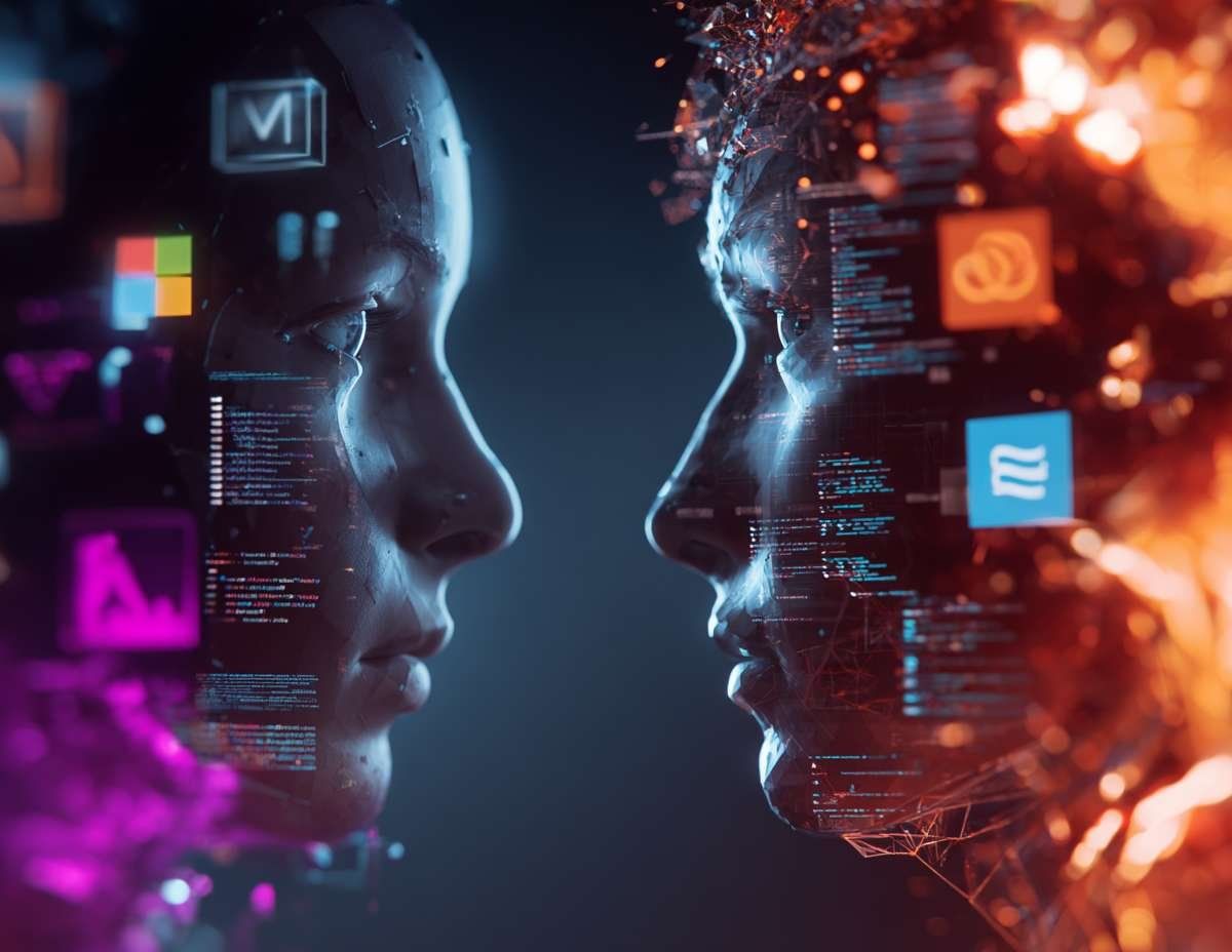 Två ansikten, möjligen robotar, syns i profil mot varandra med överlappande datakoder och app-ikoner, illustrerande AI-assistenter.
