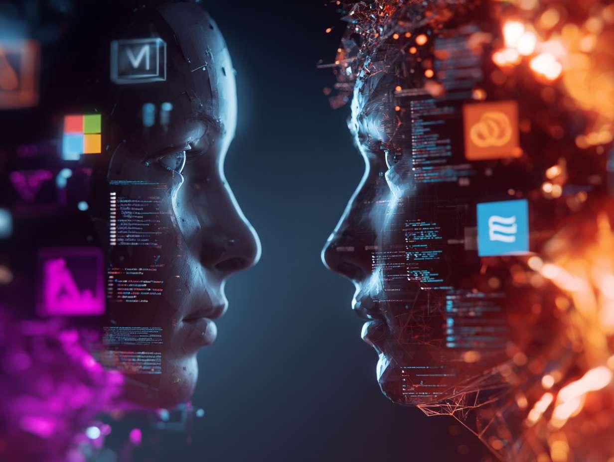 Två ansikten, möjligen robotar, syns i profil mot varandra med överlappande datakoder och app-ikoner, illustrerande AI-assistenter.