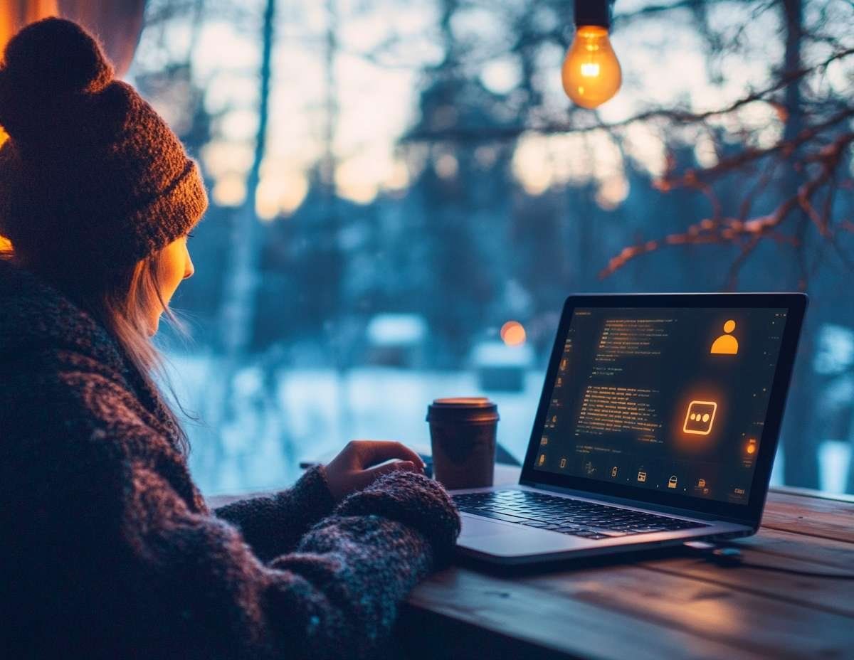 En person med mössa sitter vid en laptop utomhus i skymningen och chattar med en AI.