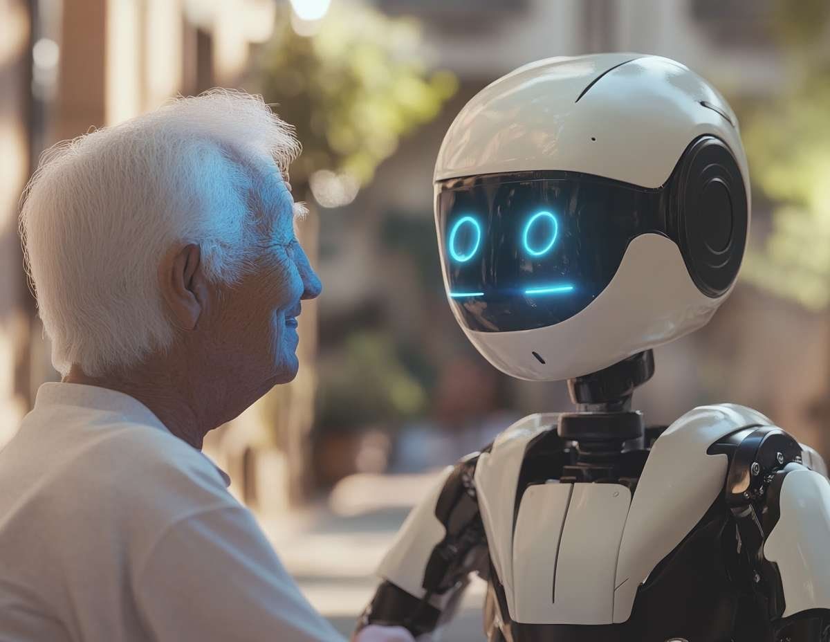 En äldre man med vitt hår tittar på en vit och svart sällskapsrobot med ett lysande ansikte.
