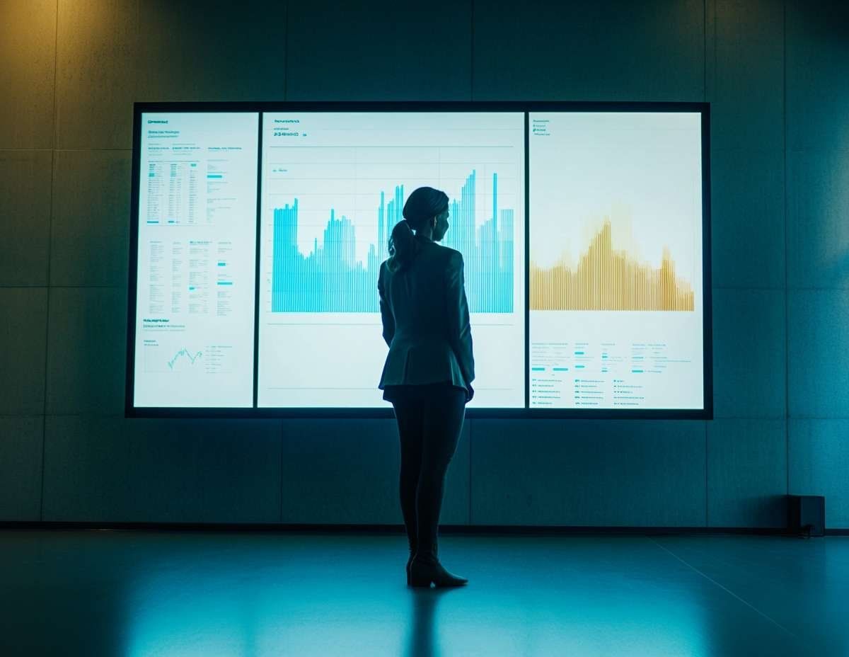 En person sedd bakifrån betraktar en stor skärm med grafer och diagram som illustrerar dataanalys.