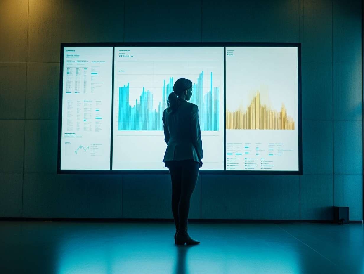 En person sedd bakifrån betraktar en stor skärm med grafer och diagram som illustrerar dataanalys.
