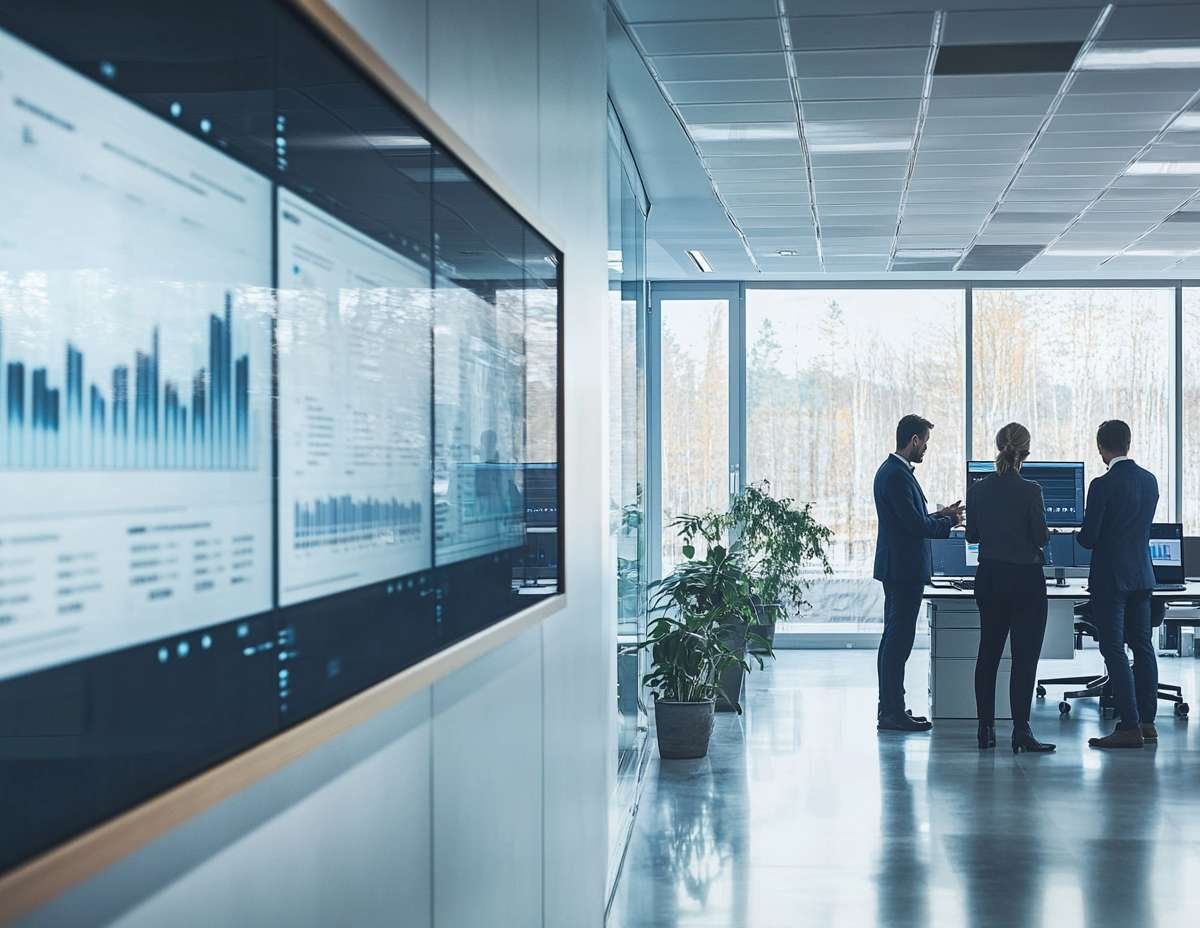Tre personer står och diskuterar vid en arbetsstation i ett kontor med stora fönster och en skärmvägg.