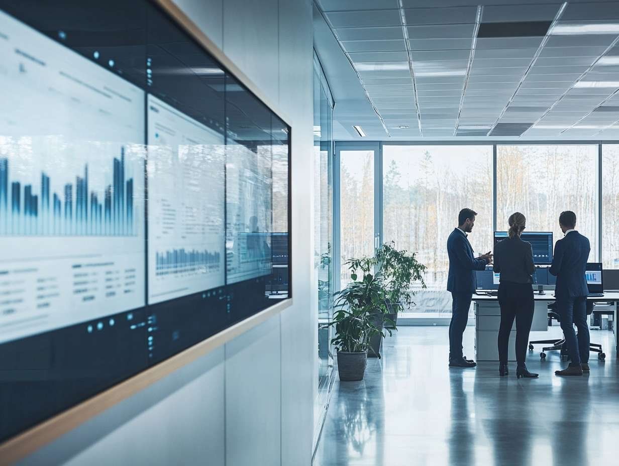 Tre personer står och diskuterar vid en arbetsstation i ett kontor med stora fönster och en skärmvägg.