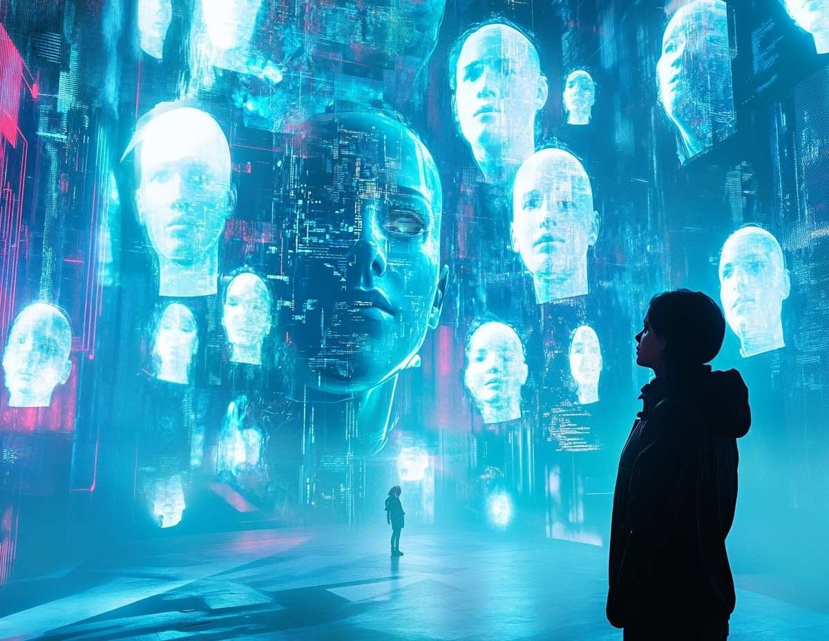 En person tittar på en vägg av lysande, flytande huvuden, som illustrerar deepfakes och AI-manipulation.