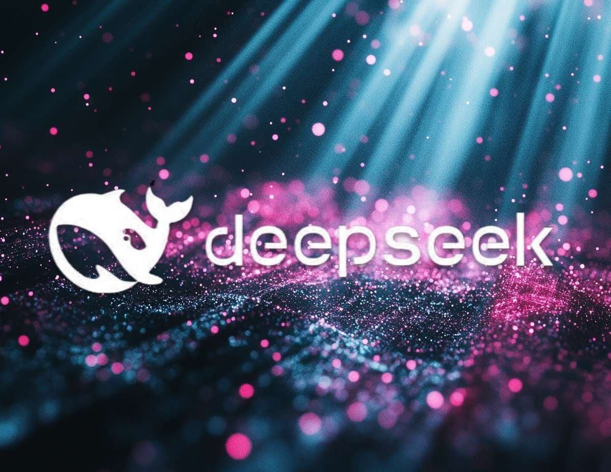 DeepSeek-logotypen med en vit val framför texten deepseek, mot en mörk bakgrund med glittrande rosa och ljusblå partiklar samt ljusstrålar.