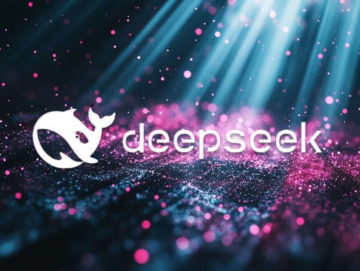 DeepSeek-logotypen med en vit val framför texten deepseek, mot en mörk bakgrund med glittrande rosa och ljusblå partiklar samt ljusstrålar.