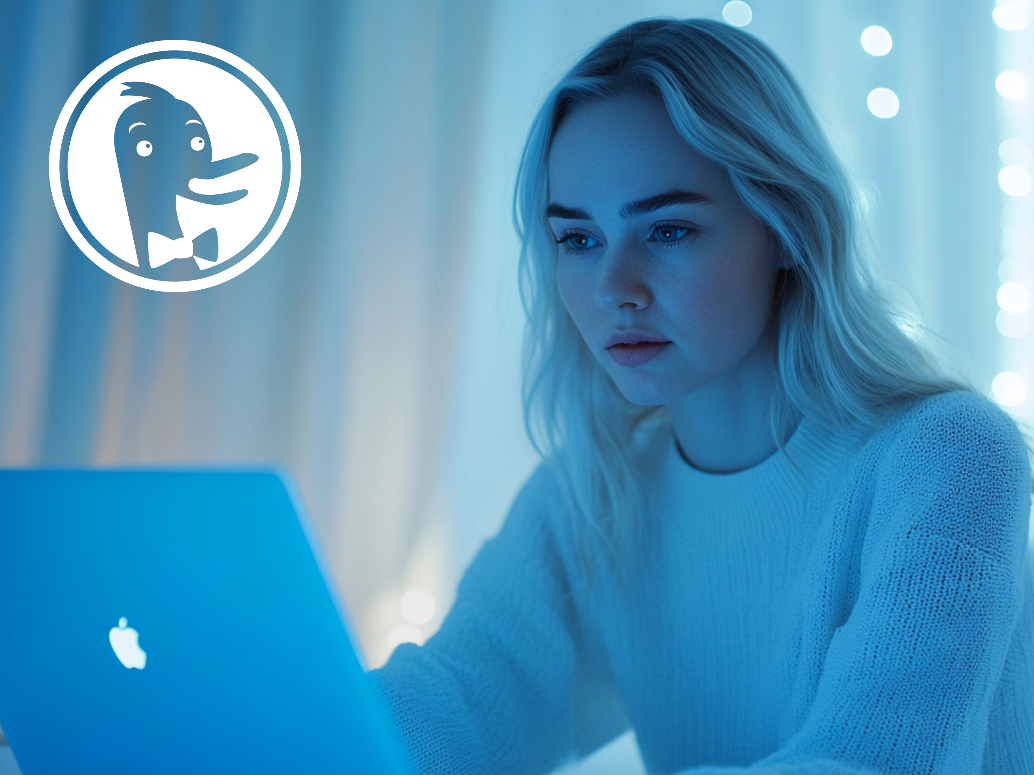 En ung kvinna med ljust hår tittar koncentrerat på sin laptop. DuckDuckGo-logotypen är inlagd i bildens övre vänstra hörn för att illustrera integritetsfokus.