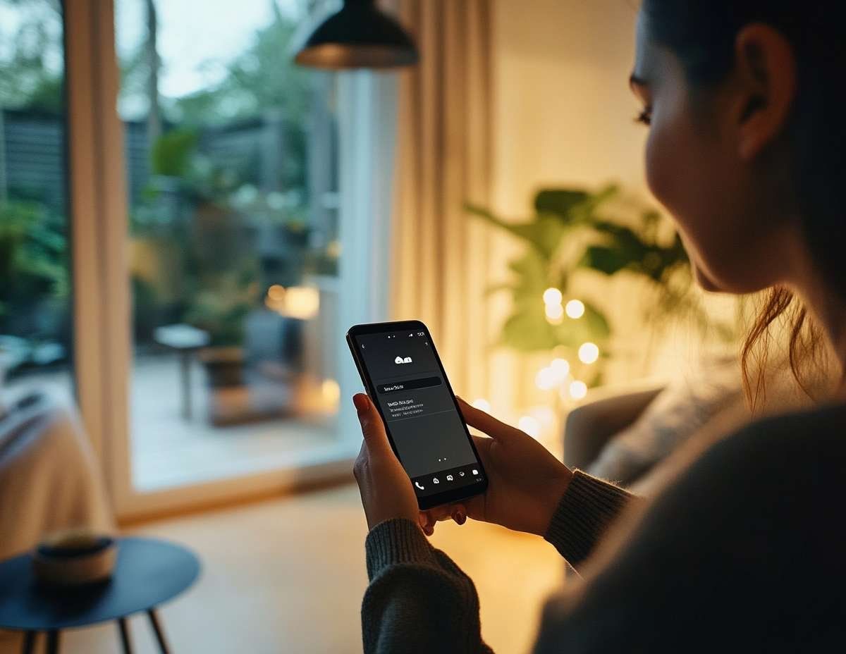 En person sitter i ett varmt upplyst rum och använder en AI-app på sin mobiltelefon.