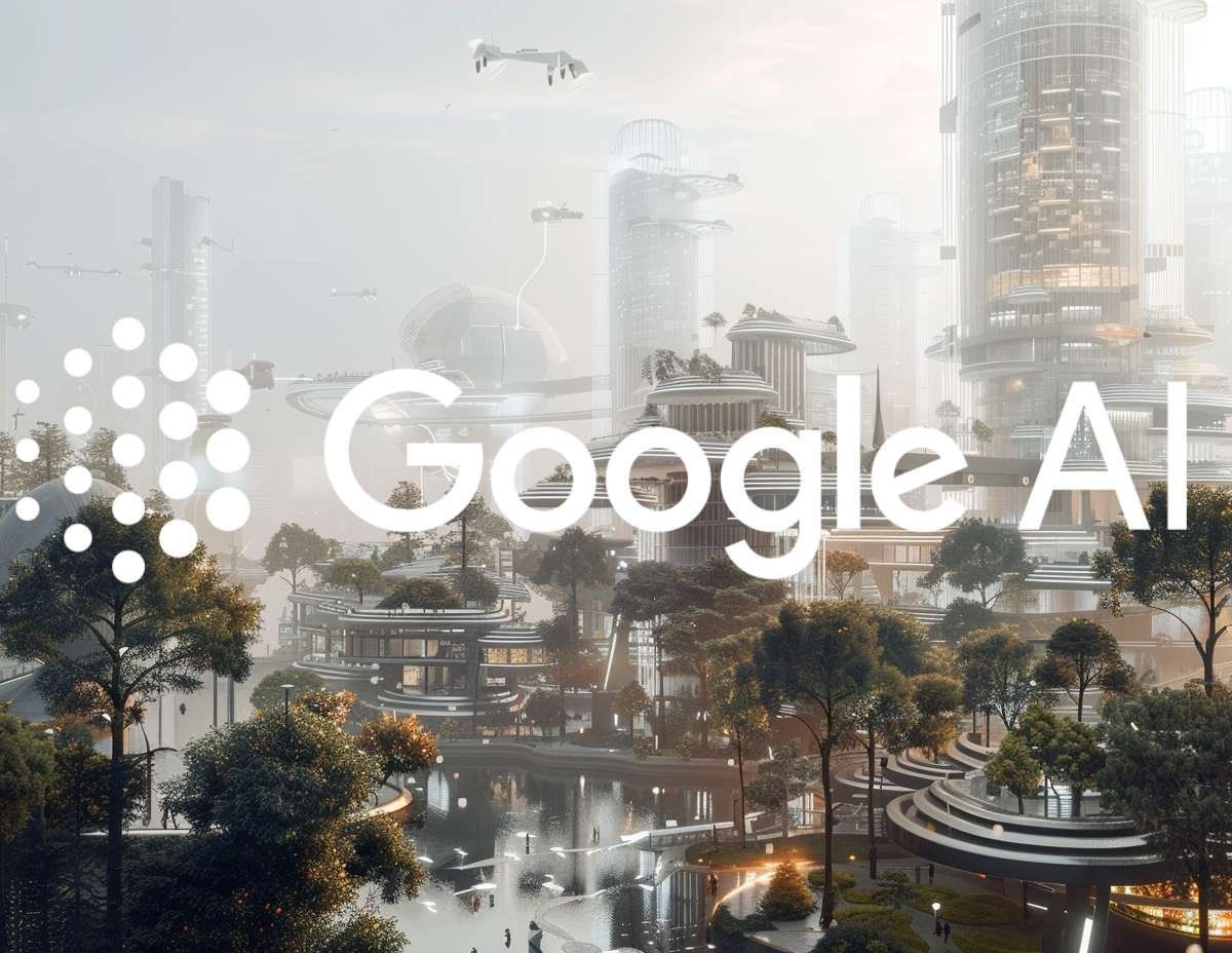 En fantasibild av en futuristisk stad med höga, runda byggnader och flygande fordon, med texten Google AI över staden.