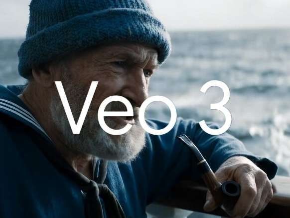 En man med skägg och blå mössa, i mörkblå sjömanskostym, håller en pipa. Texten "Veo 3" över bilden.
