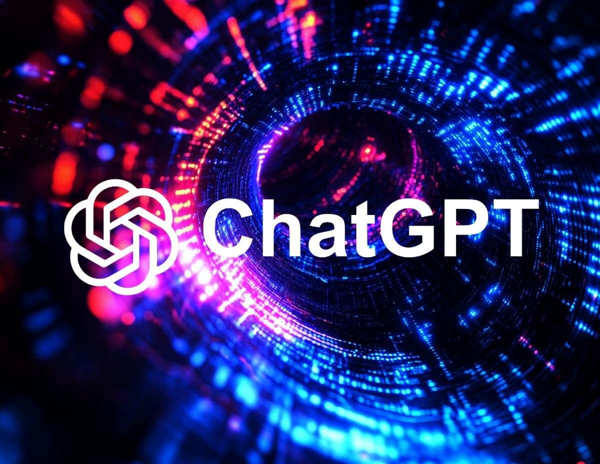 OpenAI:s ChatGPT-logotyp med en symbol till vänster, framför en abstrakt bakgrund av lysande prickar i blått och rött.