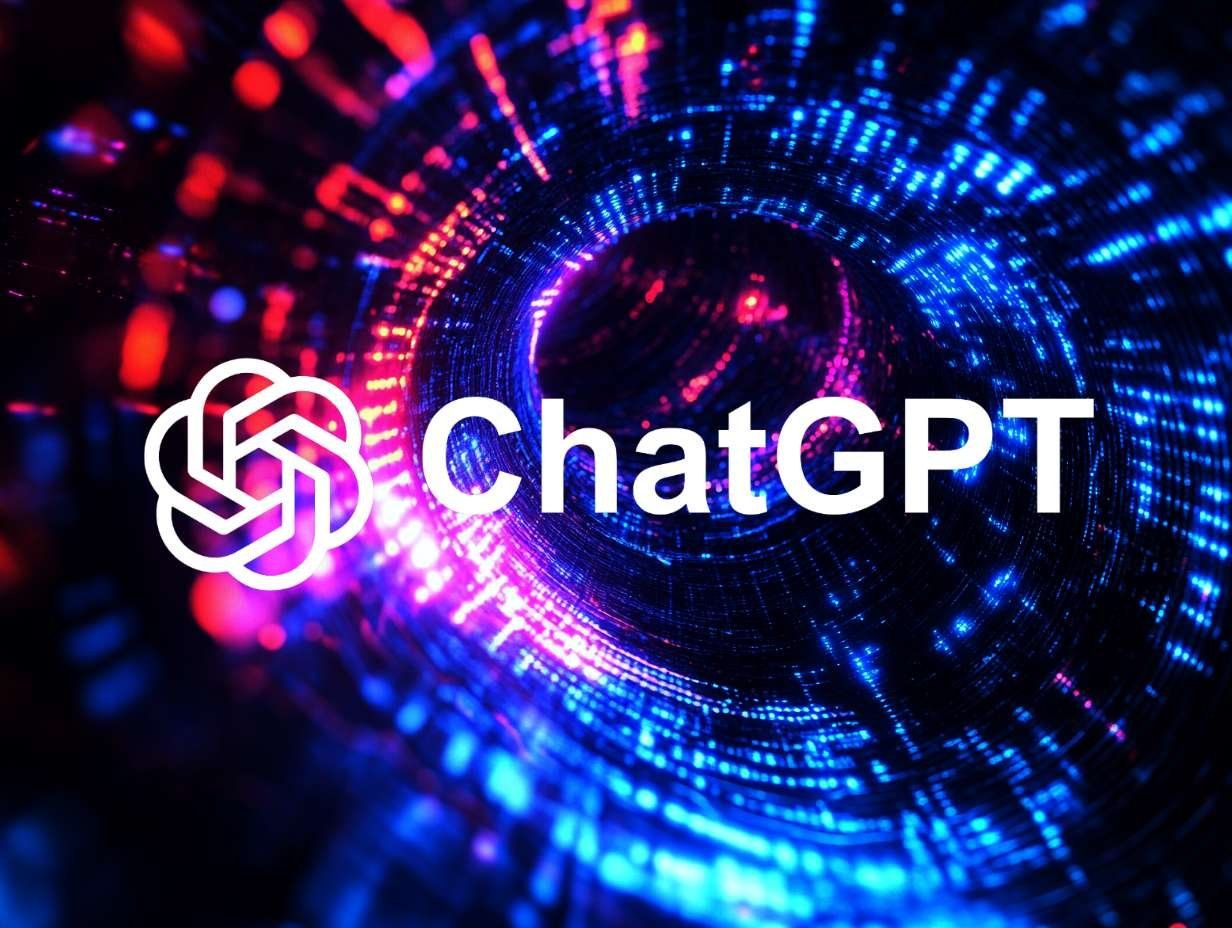 OpenAI:s ChatGPT-logotyp med en symbol till vänster, framför en abstrakt bakgrund av lysande prickar i blått och rött.