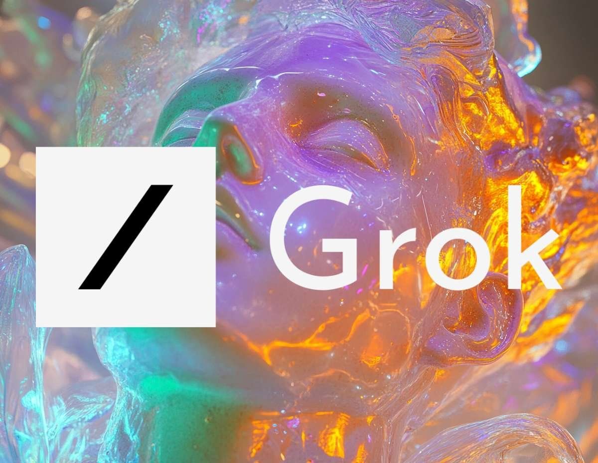 Logotypen för Grok AI med en bakgrund av glänsande, genomskinliga former i lila, orange och gröna färger, som illustrerar AI:ns funktioner.