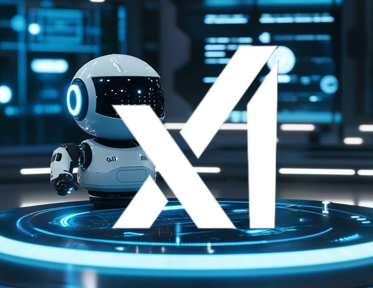 En liten robot med lysande blåa detaljer står bredvid en stor vit logotyp för xAI, som symboliserar företagets snabba utveckling.