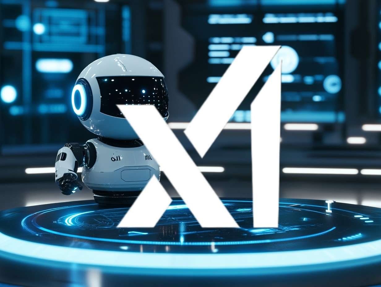 En liten robot med lysande blåa detaljer står bredvid en stor vit logotyp för xAI, som symboliserar företagets snabba utveckling.