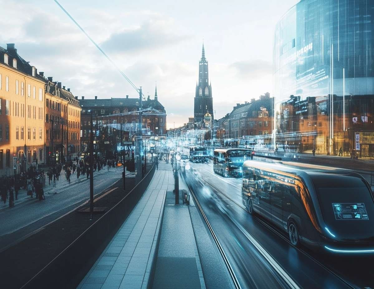 Stadsbild med moderna fordon och byggnader, som illustrerar hur AI-teknik integreras i stadsmiljön.