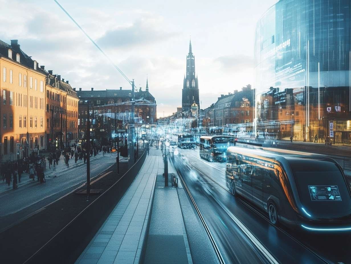 Stadsbild med moderna fordon och byggnader, som illustrerar hur AI-teknik integreras i stadsmiljön.