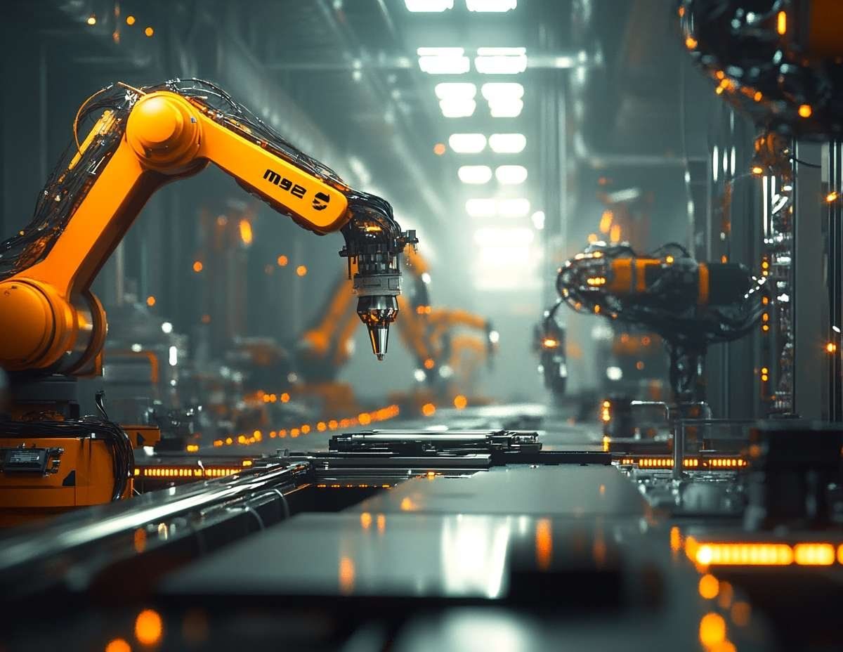 Gula industrirobotarmar arbetar på en produktionslinje i en fabrik, vilket illustrerar smart automation i tillverkningen.