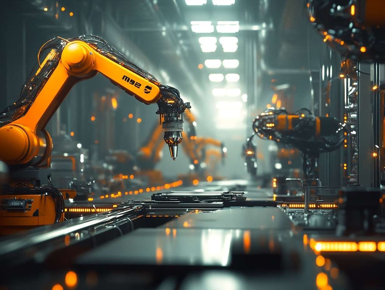 Gula industrirobotarmar arbetar på en produktionslinje i en fabrik, vilket illustrerar smart automation i tillverkningen.