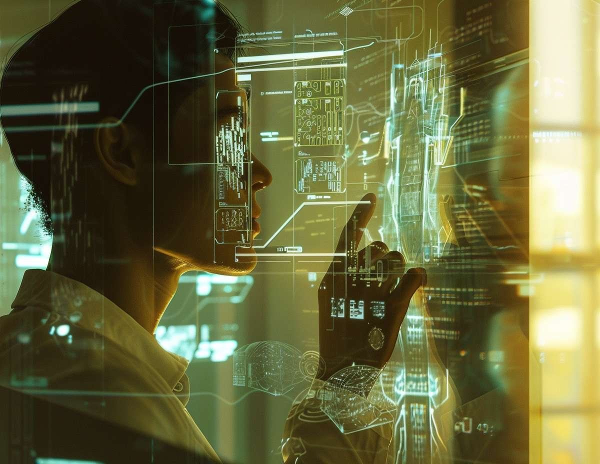 En person som interagerar med ett transparent virtuellt gränssnitt, symboliserande XAI förklarbarhet och insikt i AI-system.