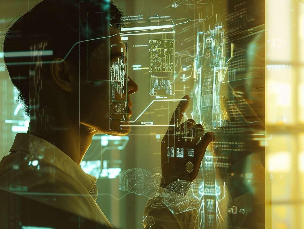 En person som interagerar med ett transparent virtuellt gränssnitt, symboliserande XAI förklarbarhet och insikt i AI-system.
