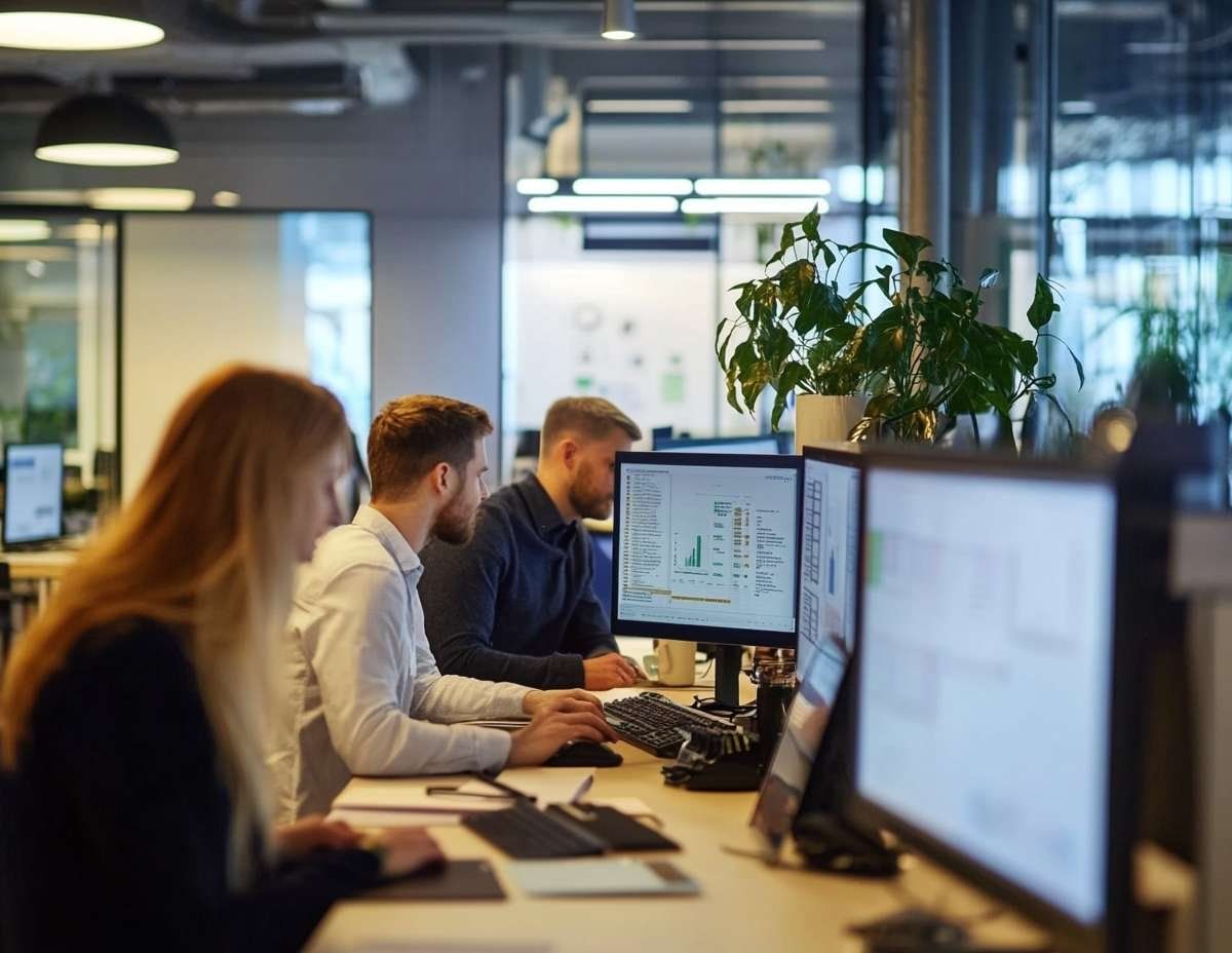 Tre personer sitter vid skrivbord i ett öppet kontorslandskap och arbetar framför varsin datorskärm.