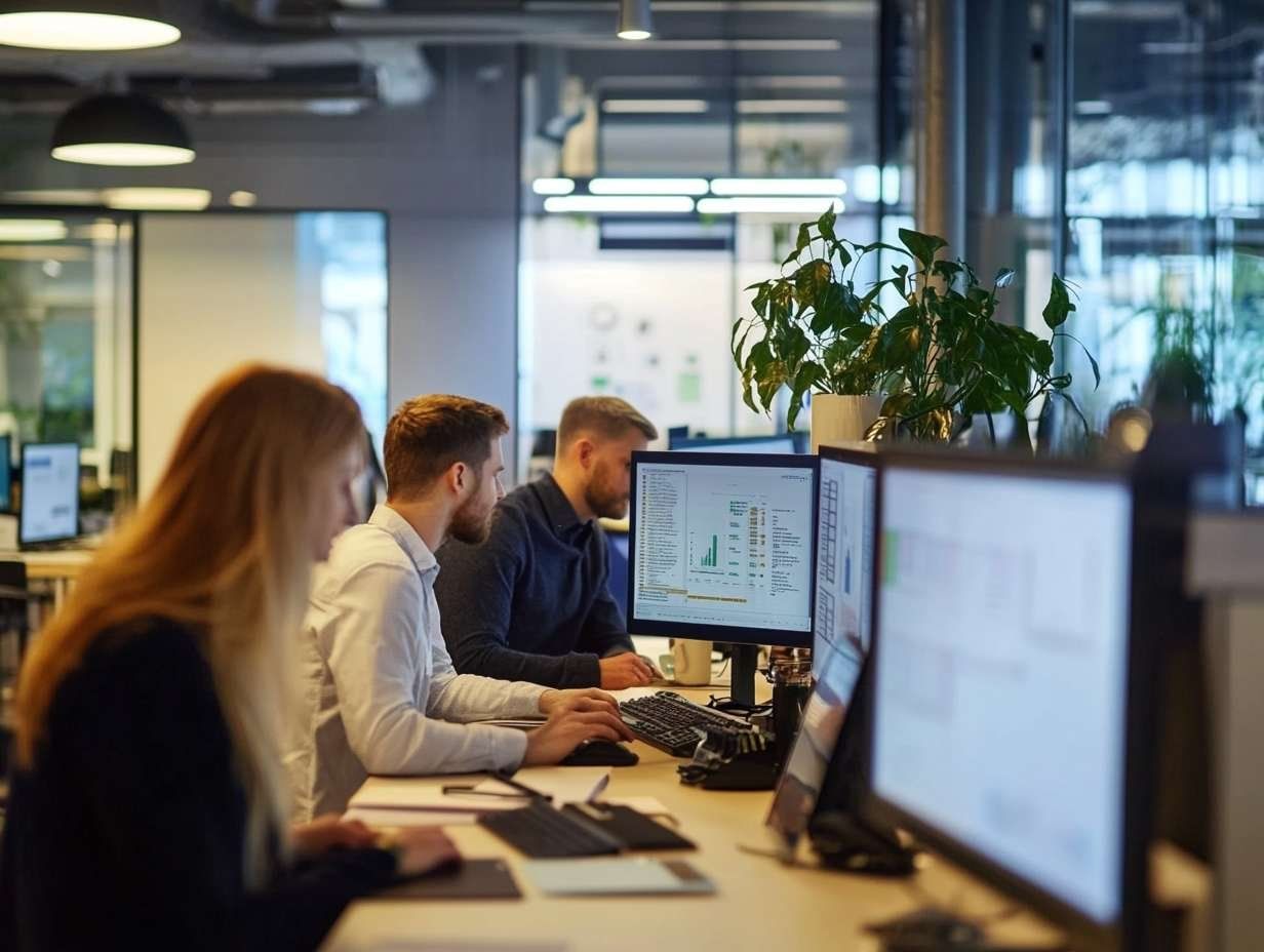 Tre personer sitter vid skrivbord i ett öppet kontorslandskap och arbetar framför varsin datorskärm.