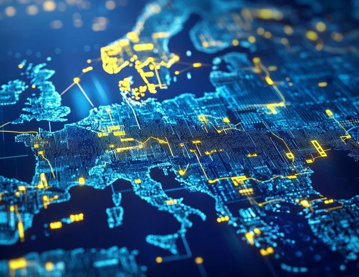 Abstrakt digital karta över Europa med upplysta linjer som visar sammanlänkade system och flödande data.