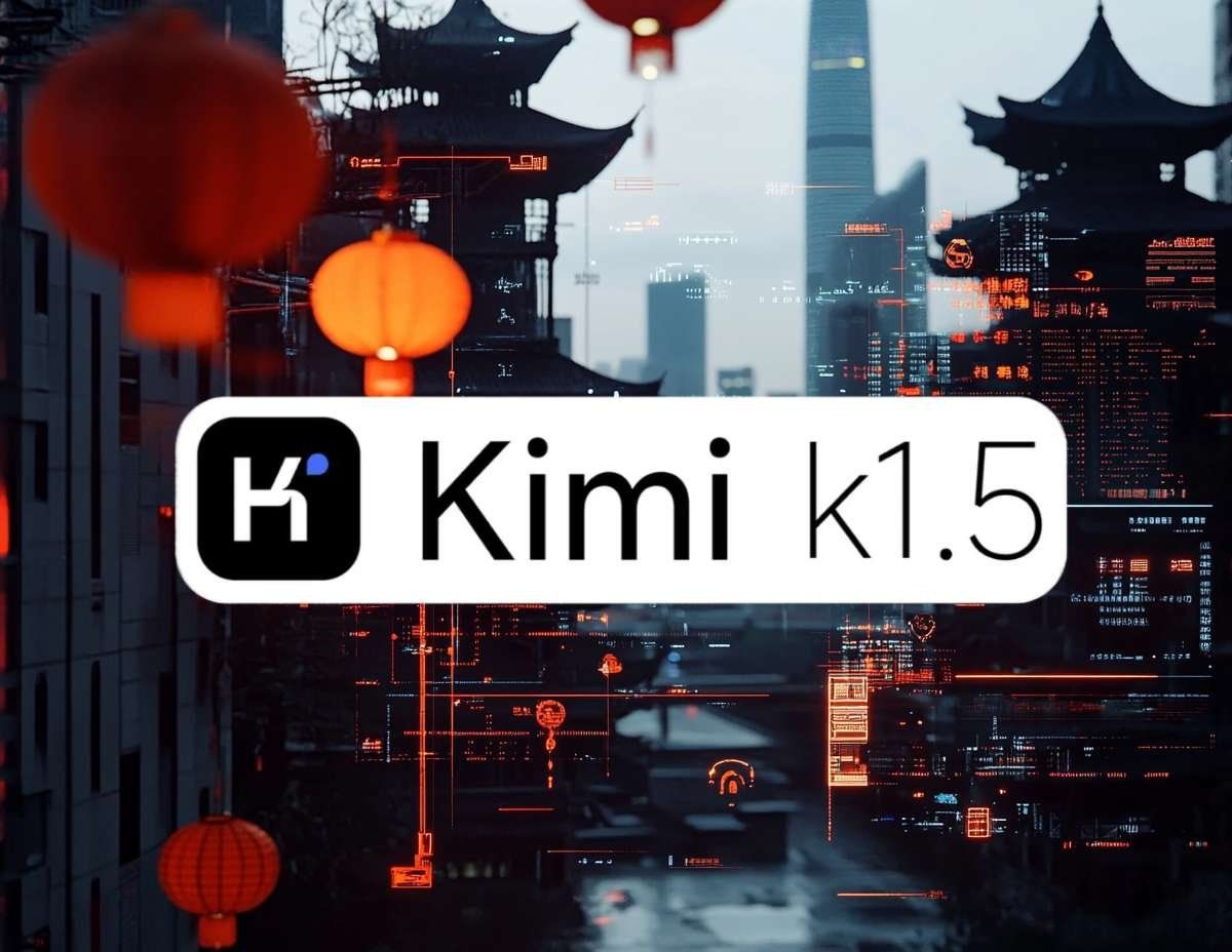 Logotypen för Kimi k1.5 framför en stadssiluett med traditionella och moderna byggnader med digitala överlägg.