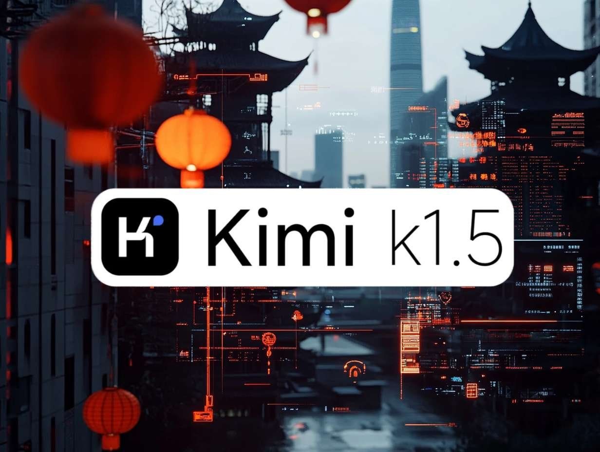 Logotypen för Kimi k1.5 framför en stadssiluett med traditionella och moderna byggnader med digitala överlägg.