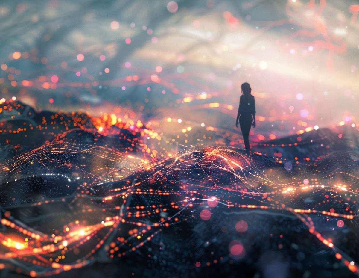 En kvinna i silhuett står på ett landskap av glödande, sammankopplade ljuspunkter som symboliserar AI och deep learning.